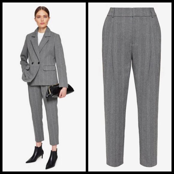 💕ANINE BING💕 Becky Trouser Pant Straight Leg High Waisted Grey Fishbone 32 NWT - Picture 1 of 12